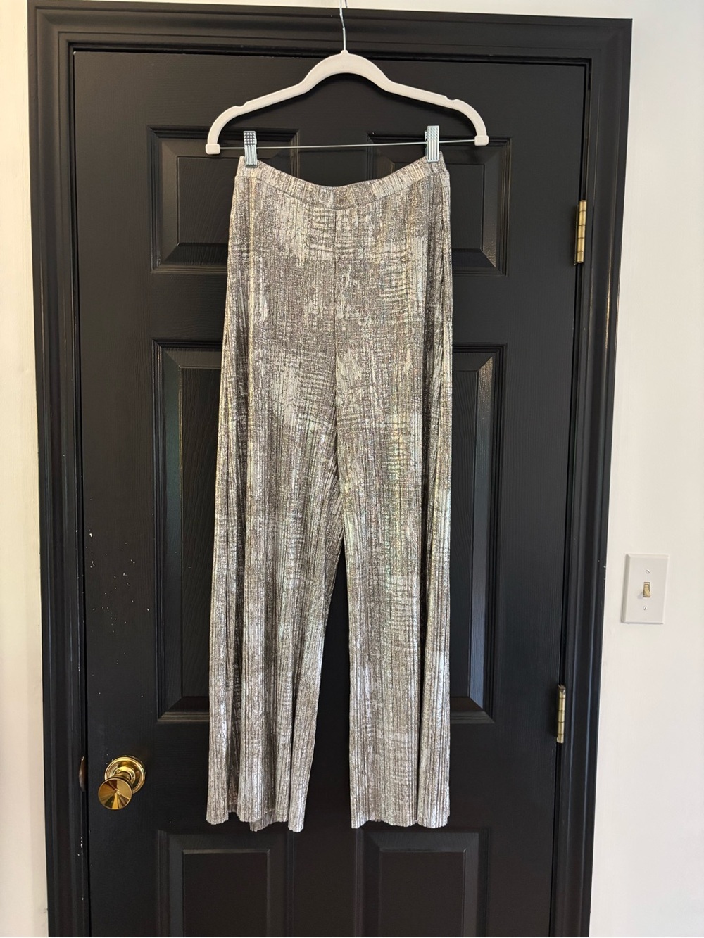 elevenses Metallic Silver Wide-Leg Pleated Palazzo Pants - EUC